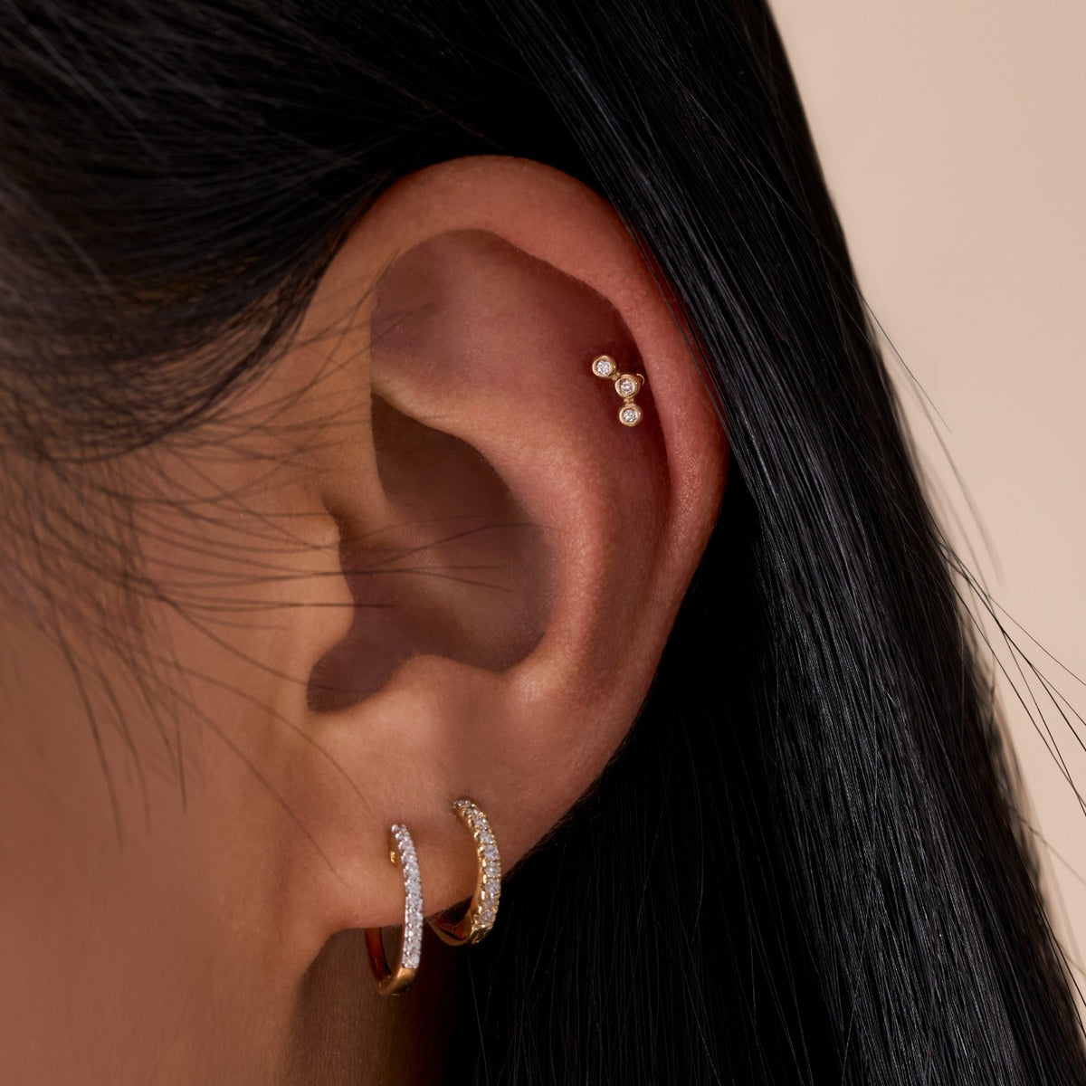 Lab Diamond Bezel Trio Flat Back Single Stud Earring