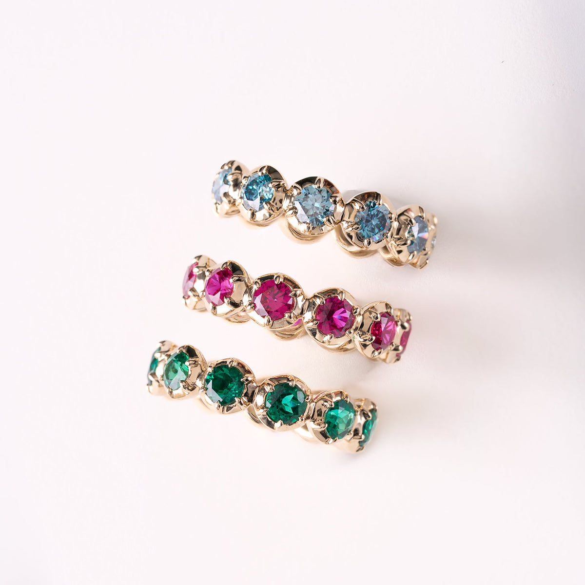 Yellow Gold Aquamarine Victorian Bubble Ring + Yellow Gold Ruby Victorian Bubble Ring + Yellow Gold Emerald Victorian Bubble Ring