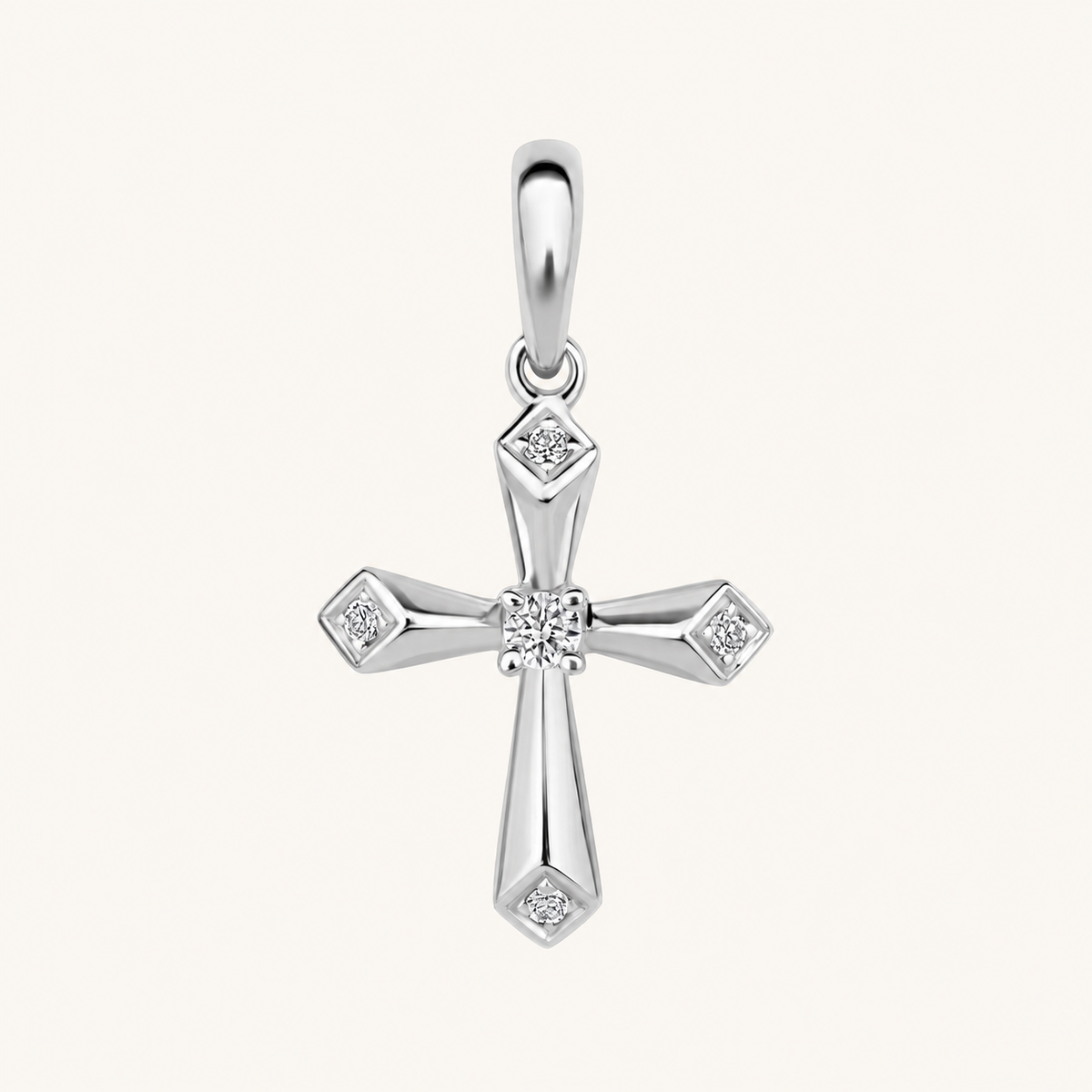 White Gold Beveled Mini Diamond Cross Pendant