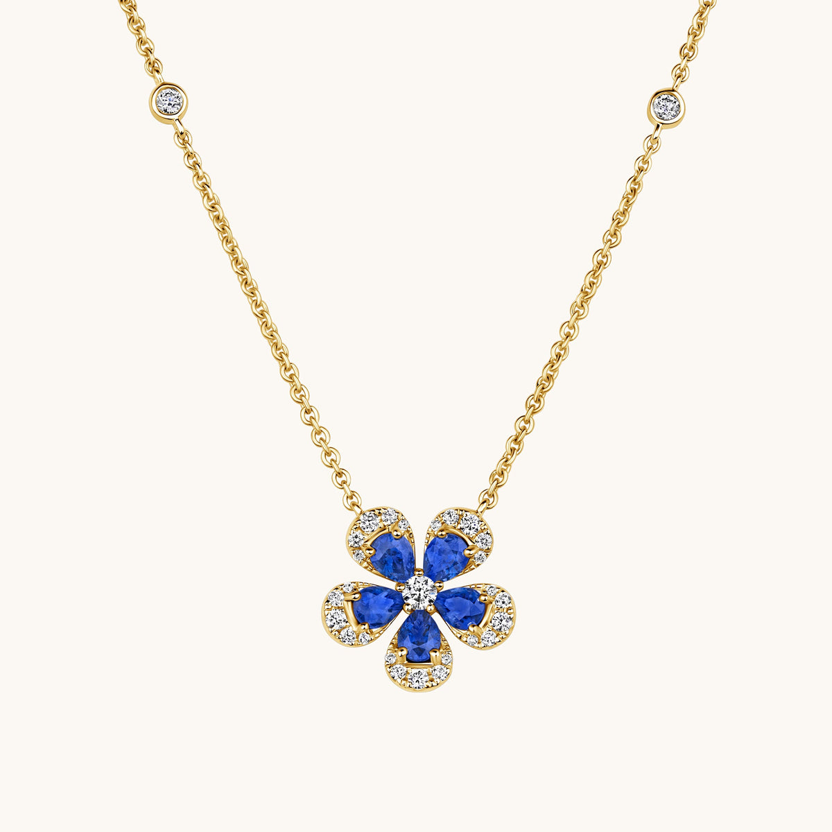 Yellow Gold Blue Sapphire Blooming Flower Necklace