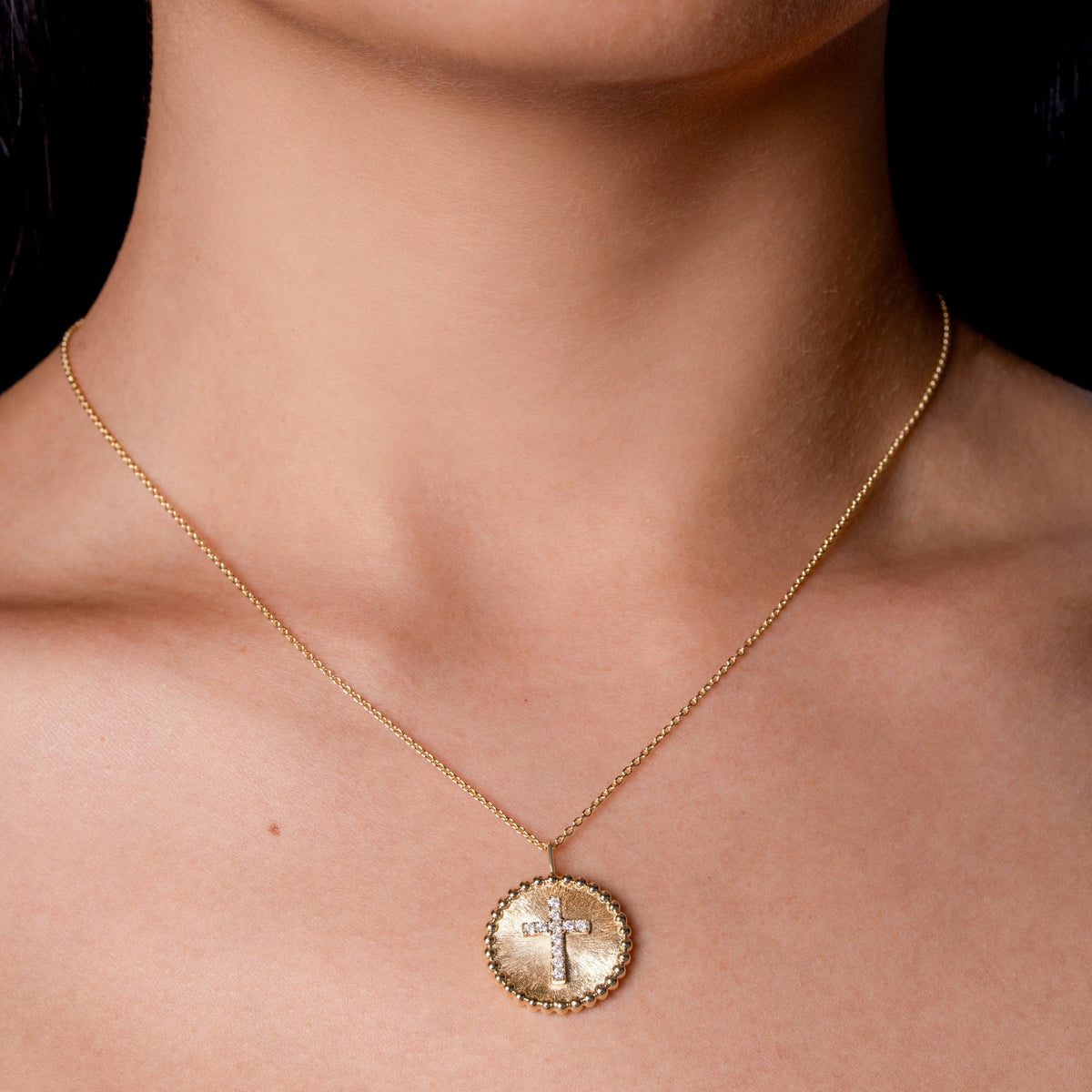 Cross Artificial Diamond Coin Pendant