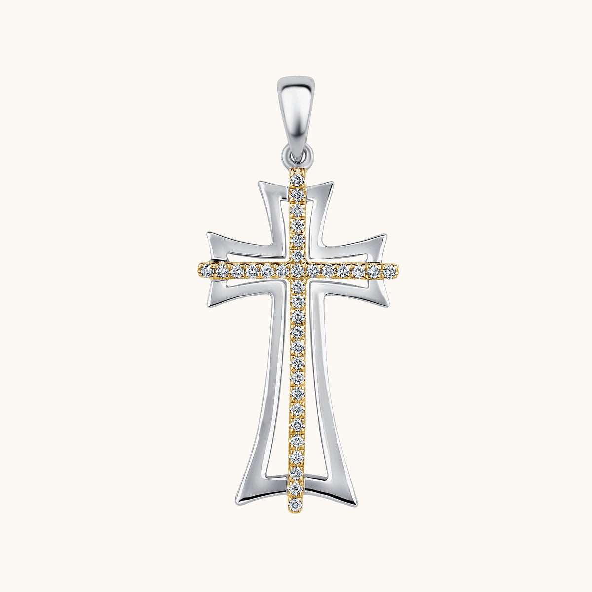 Two Tone Gold Diamond Double Cross Pendant