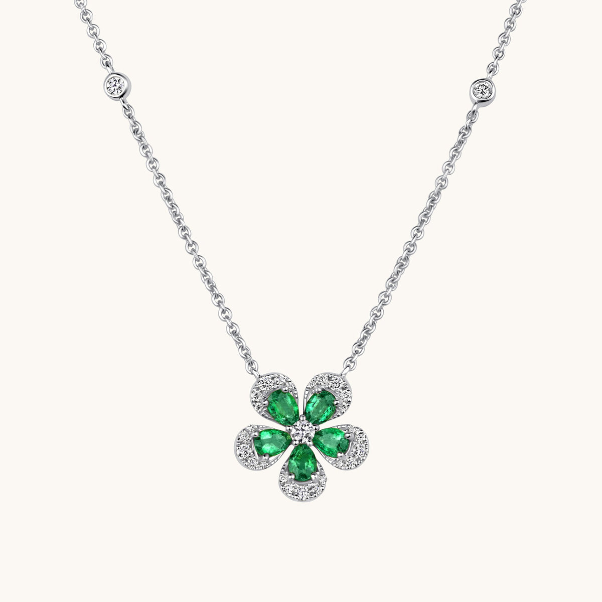 Emerald White Gold Blooming Flower Necklace