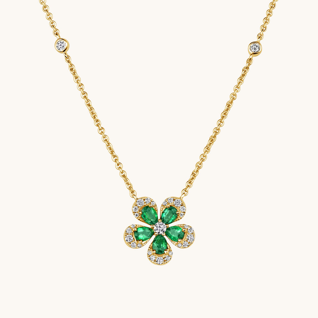 Yellow Gold Emerald Blooming Flower Necklace