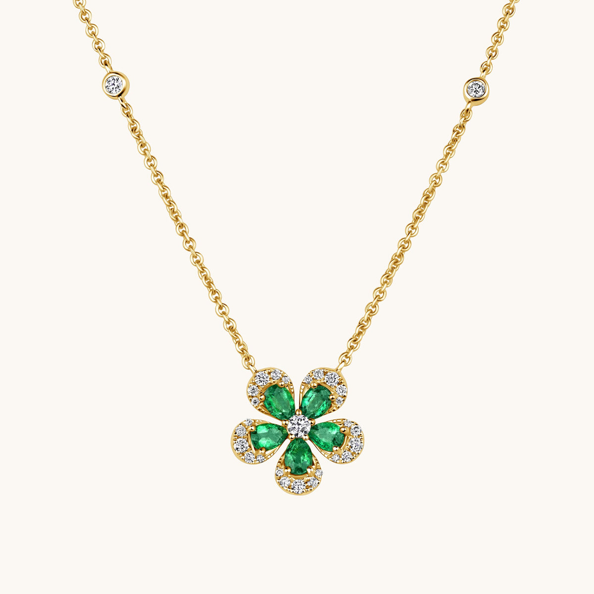 Yellow Gold Emerald Blooming Flower Necklace