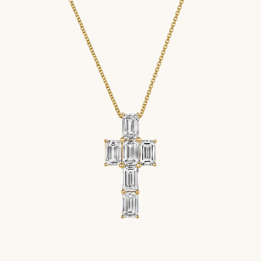 Yellow Gold Emerald Lab Diamond Cross Pendant