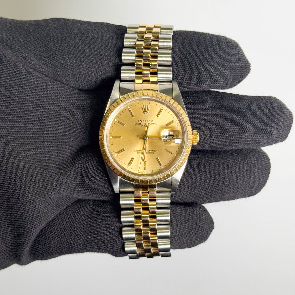 Rolex Oyster Perpetual Date 34mm Champagne Dial Watch Ref# 15223