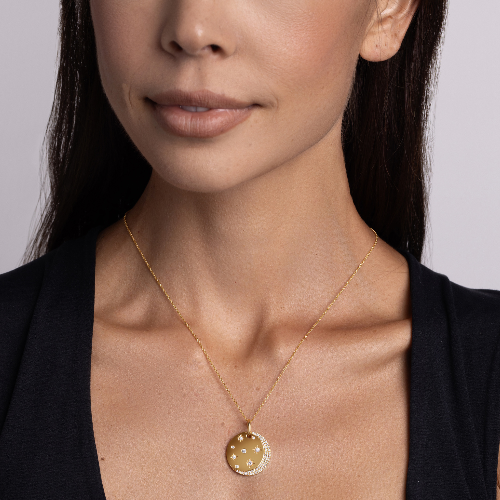 Moon and Stars Diamond Coin Pendant Necklace